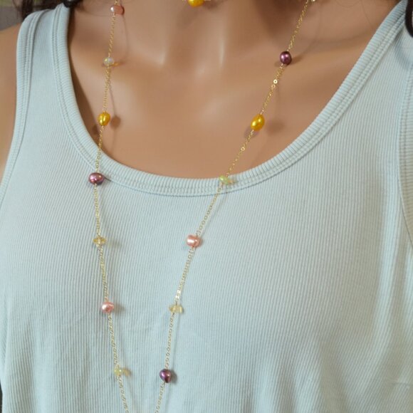 Long Pearl and Gemstone Wrap Necklace in Gold - Picture 9 of 10